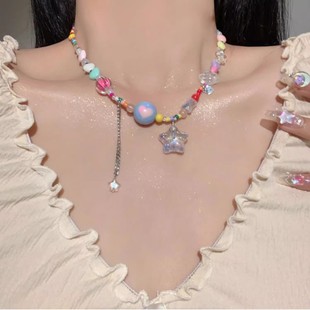 夏日多巴胺彩色爱心叠戴项链2024甜酷辣妹串珠糖果色海边锁骨链女