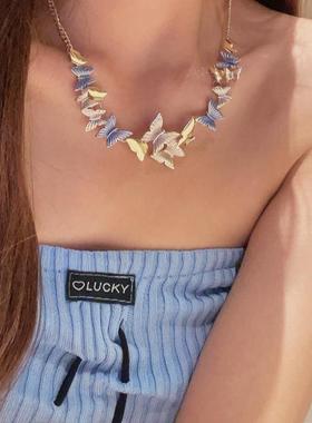 春夏2024新款拼接蓝色蝴蝶锁骨链气质简约时尚甜酷辣妹设计感项链