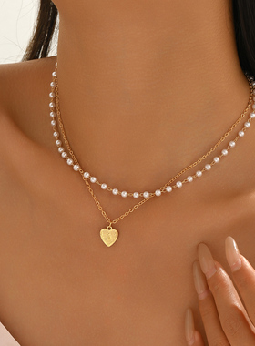 轻奢珍珠双层爱心吊坠锁骨链