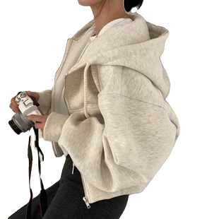 韩国chic秋季简约气质抽绳连帽设计感小众宽松长袖卫衣开衫外套女