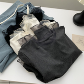 精致复古网纱圆领长袖 T恤女弹力百搭显瘦正肩t春秋洋气内搭打底衫