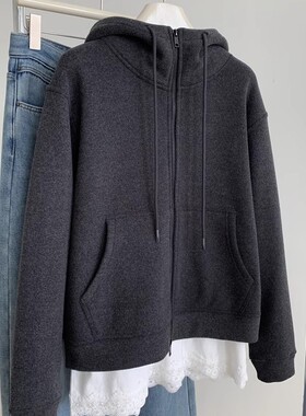 重磅加厚深灰色卫衣外套女气质慵懒保暖百搭秋冬韩版连帽拉链开衫