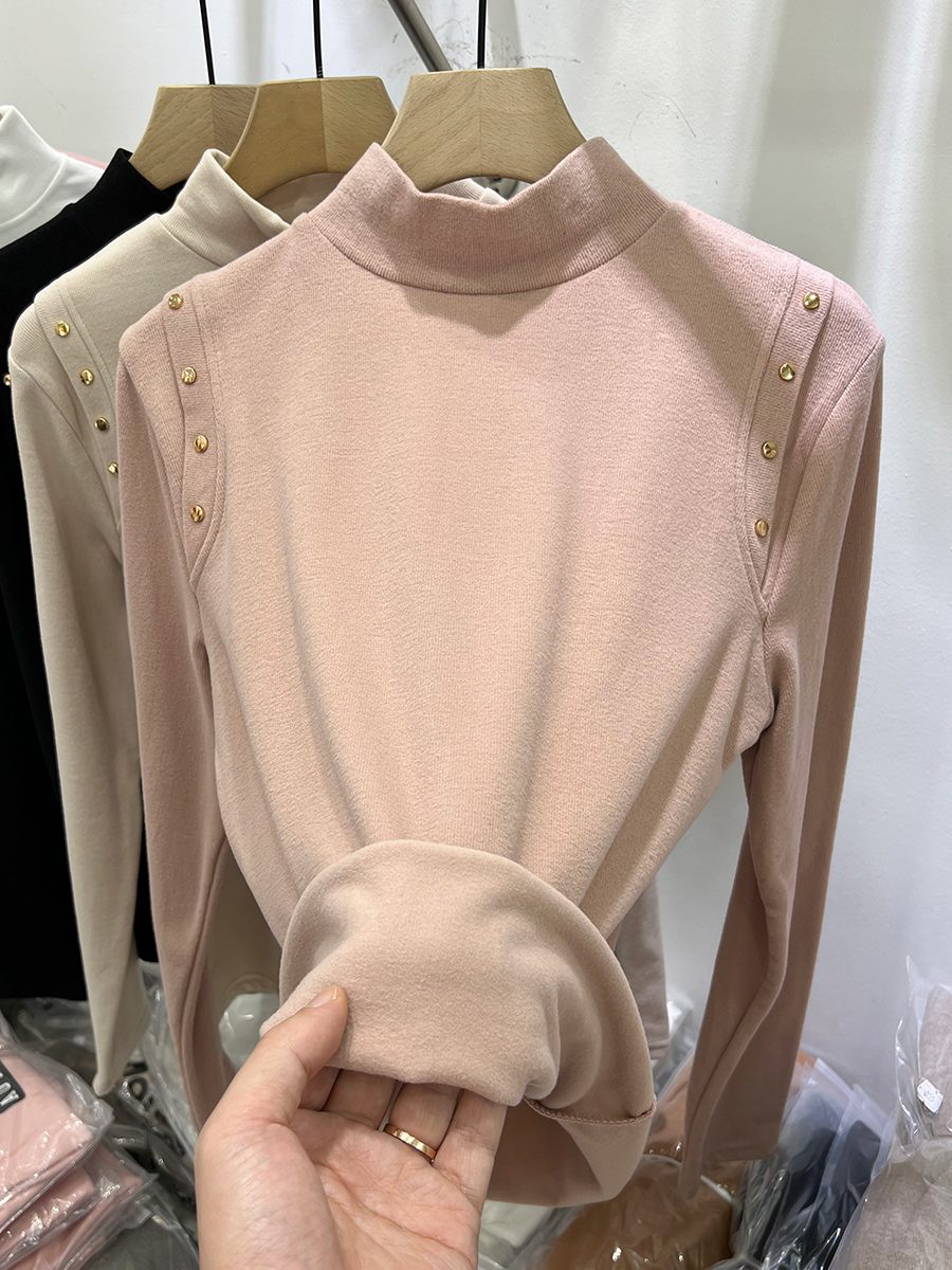 钉珠半高领双面磨毛德绒长袖T恤女2023秋冬新款内搭打底衫上衣厚