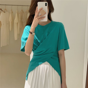 不规则交叉收腰显瘦设计感小众别致ins上衣 新款 短袖 t恤女2021夏季