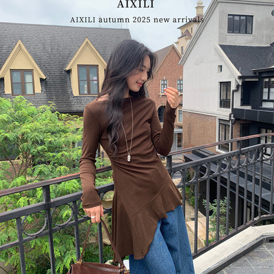 韩版气质不规则下摆长袖T恤女秋季新款高级感中长款斜肩收腰上衣