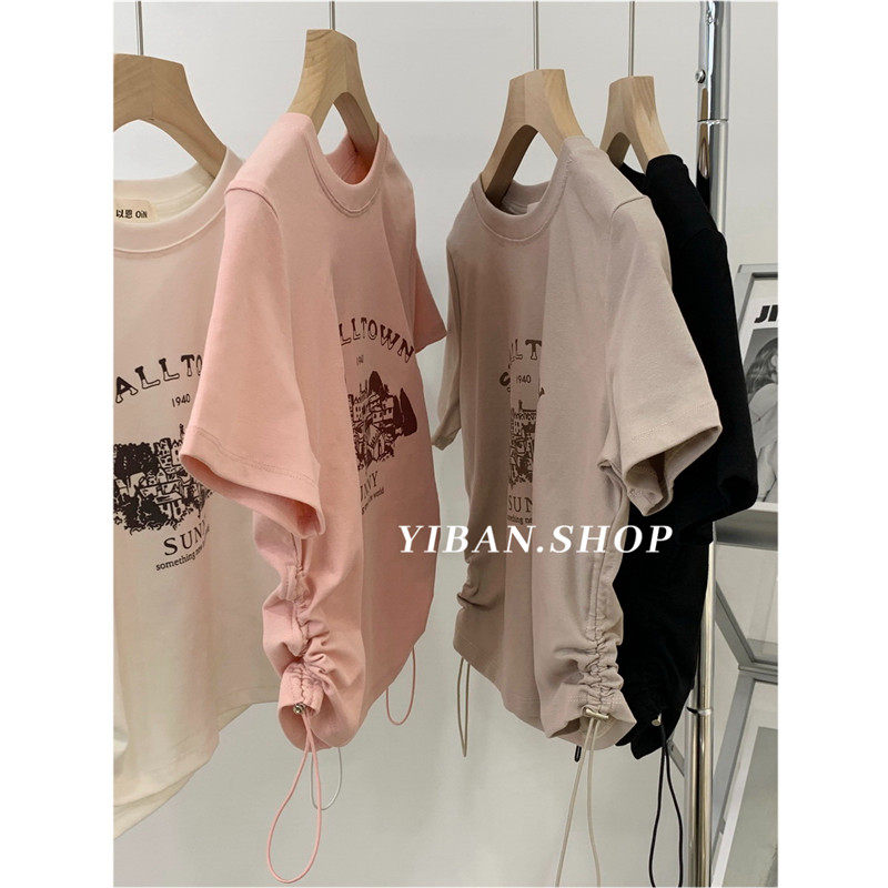 辣妹褶皱收腰显瘦印花短袖T恤女设计感正肩圆领休闲短款别致上衣