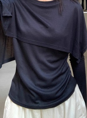 十三行2025早秋新款设计感圆领拼接披肩假两件深蓝色长袖T恤上衣