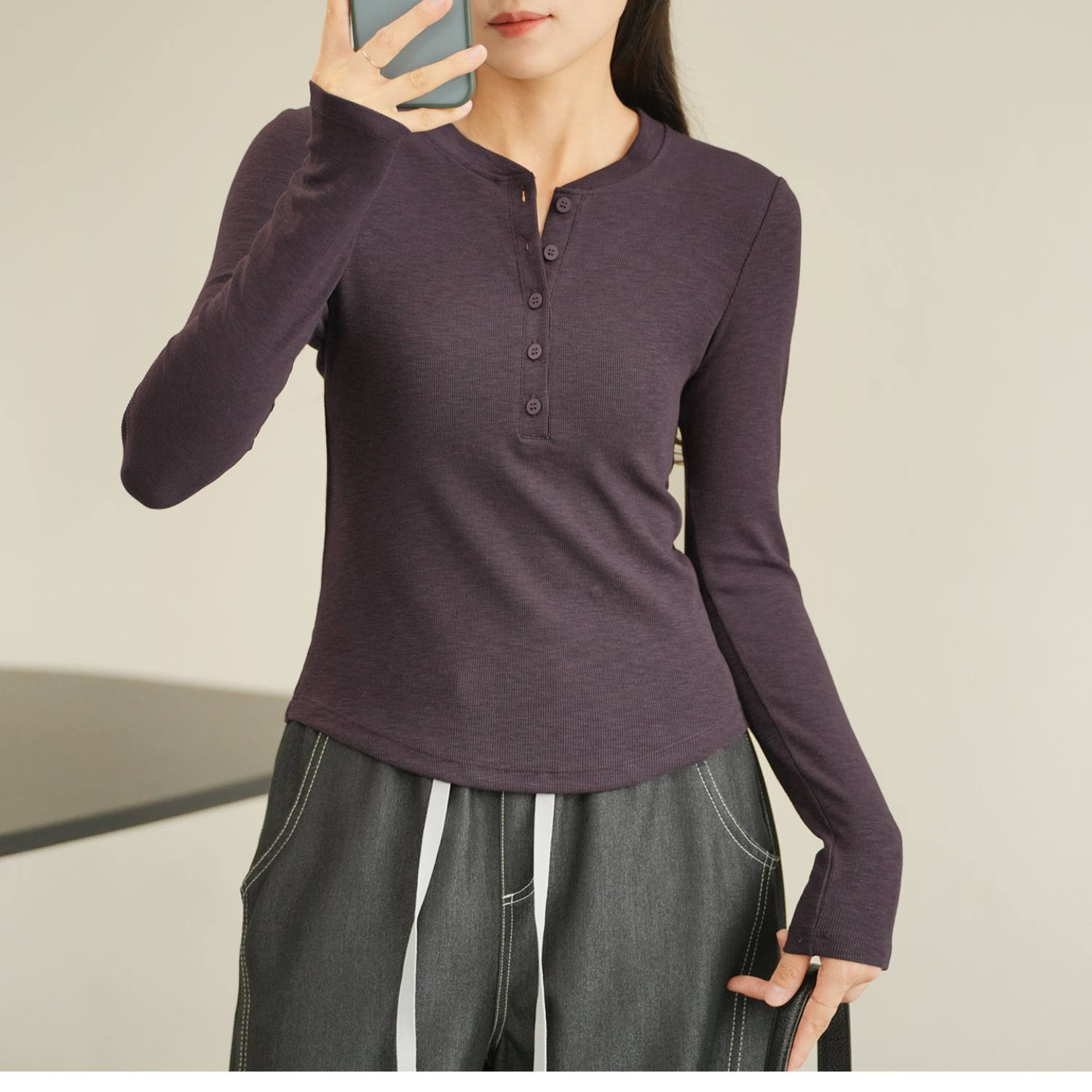 女士亨利领系扣打底衫长袖T恤女上衣2025春秋款女装洋气百搭正肩