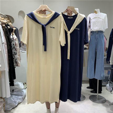 韩国短袖t恤女夏季2020新款刺绣字母中长款披肩连衣裙子百搭上衣