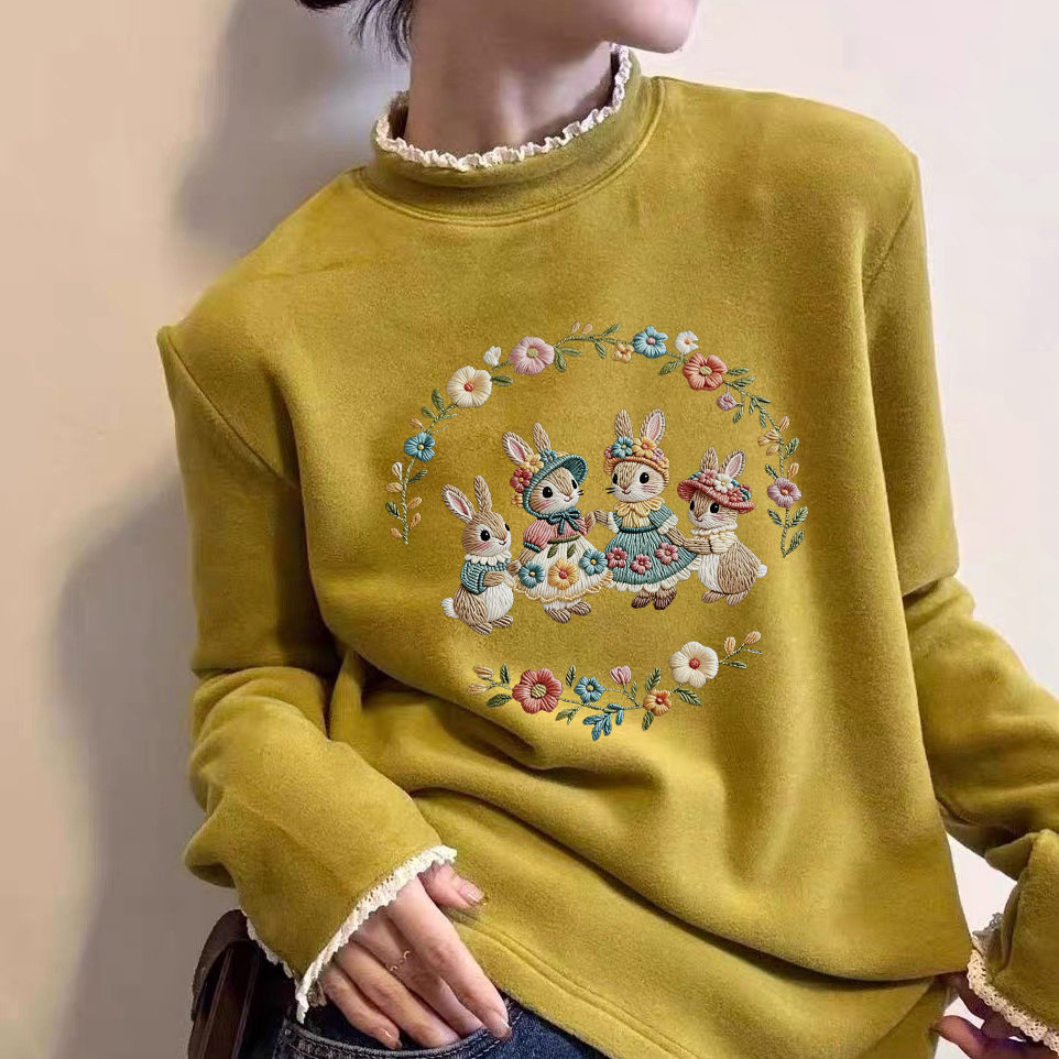 花边领打底衫2025新款今年流行爆款加绒厚款德绒半高领长袖t恤女