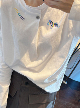 白色长袖t恤女2026早秋新款设计感一粒纽半开领显瘦遮肉纯棉上衣