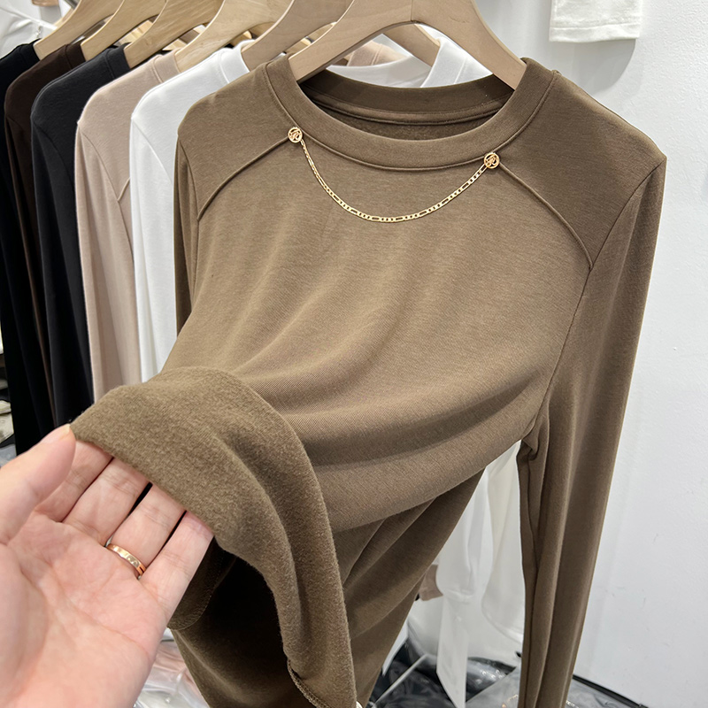 设计感项链磨毛加薄绒长袖T恤女2022秋冬新款洋气内搭打底衫上衣