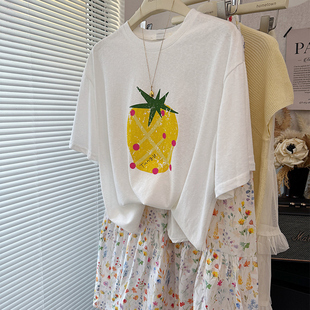 T恤女 凉爽百搭简约宽松休闲草莓印花雪花棉短袖 白色蓝色体恤薄