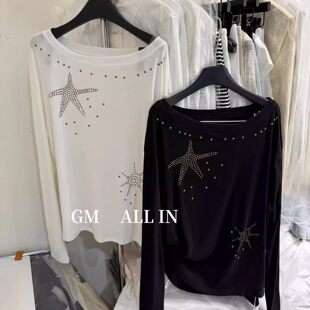 韩国东大门夏季新款时髦五角星印花斜领露肩薄款防晒长袖T恤上衣