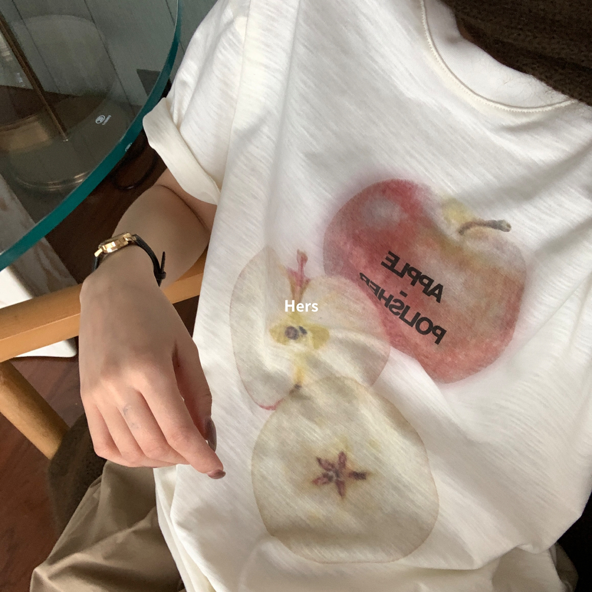 韩系圆领简约小众ins风苹果图案印花短袖T恤女秋季2025百搭上衣潮