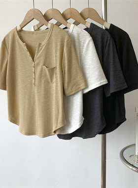 竹节棉短袖T恤女美式高腰短款宽松休闲纯色纽扣设计门襟衫上衣女