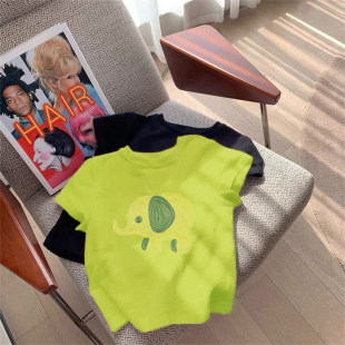 荧光绿色短袖t恤女夏季2026新款美式正肩修身卡通印花设计感上衣