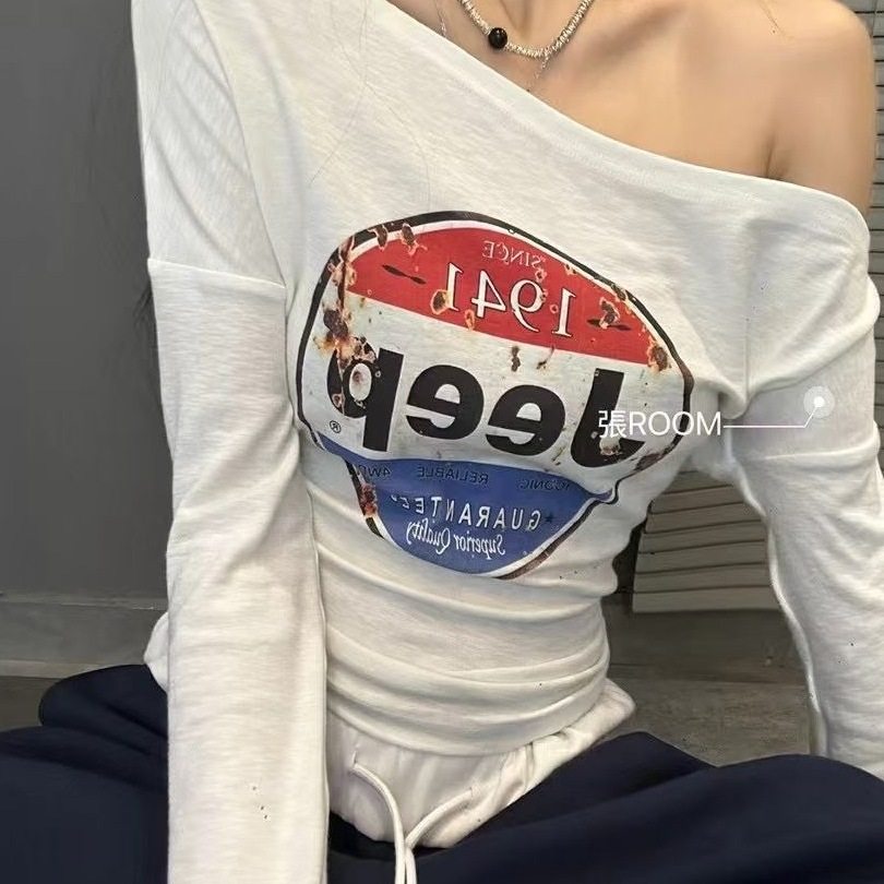 十三行美式字母露肩长袖上衣女2026秋季短款小个子修身显瘦T恤女,女装/女士精品,T恤,淘宝优惠券,粉丝福利购,淘宝优惠卷