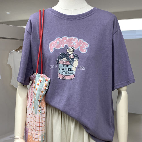 软fufu经典可爱大力水手印花宽松大版圆领短袖T恤轻薄透气上衣女