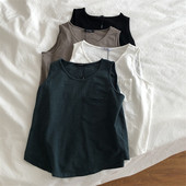 饰 竹节棉宽松显瘦短款 背心无袖 小口袋装 T恤女夏装 内搭外穿上衣服