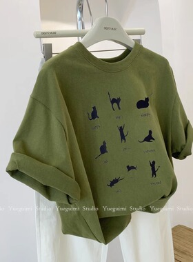 复古绿色猫咪短袖t恤女2026夏季新款设计感小众宽松休闲百搭上衣