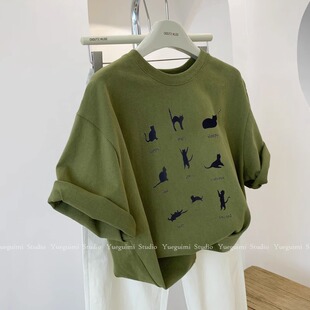 设计感小众宽松休闲百搭上衣 新款 复古绿色猫咪短袖 t恤女2026夏季