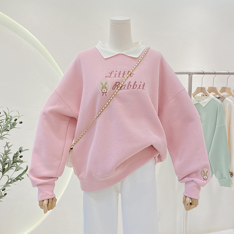 polo领套头卫衣女款百搭2023年春秋学院减龄兔子刺绣宽松休闲上衣