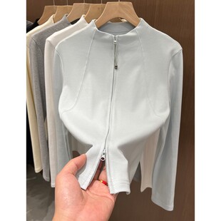 设计感双拉链立领长袖T恤女开衫外套2026早春新款修身打底衫上衣