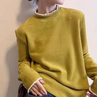 花边领打底衫2025新款今年流行爆款加绒厚款德绒半高领长袖t恤女