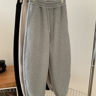 宽松休闲灰色运动裤女设计感拼接直筒鱼嘴弯刀裤冬季加绒束脚卫裤
