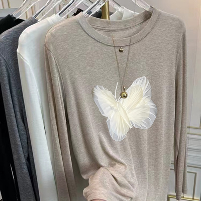 柔软莱赛尔天丝羊毛长袖t恤女士洋气内搭薄款面膜正肩打底衫春秋