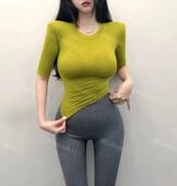 韩版 打底衫 紧身性感圆领五分袖 透视天丝棉中袖 t恤女薄款 胸大腰细