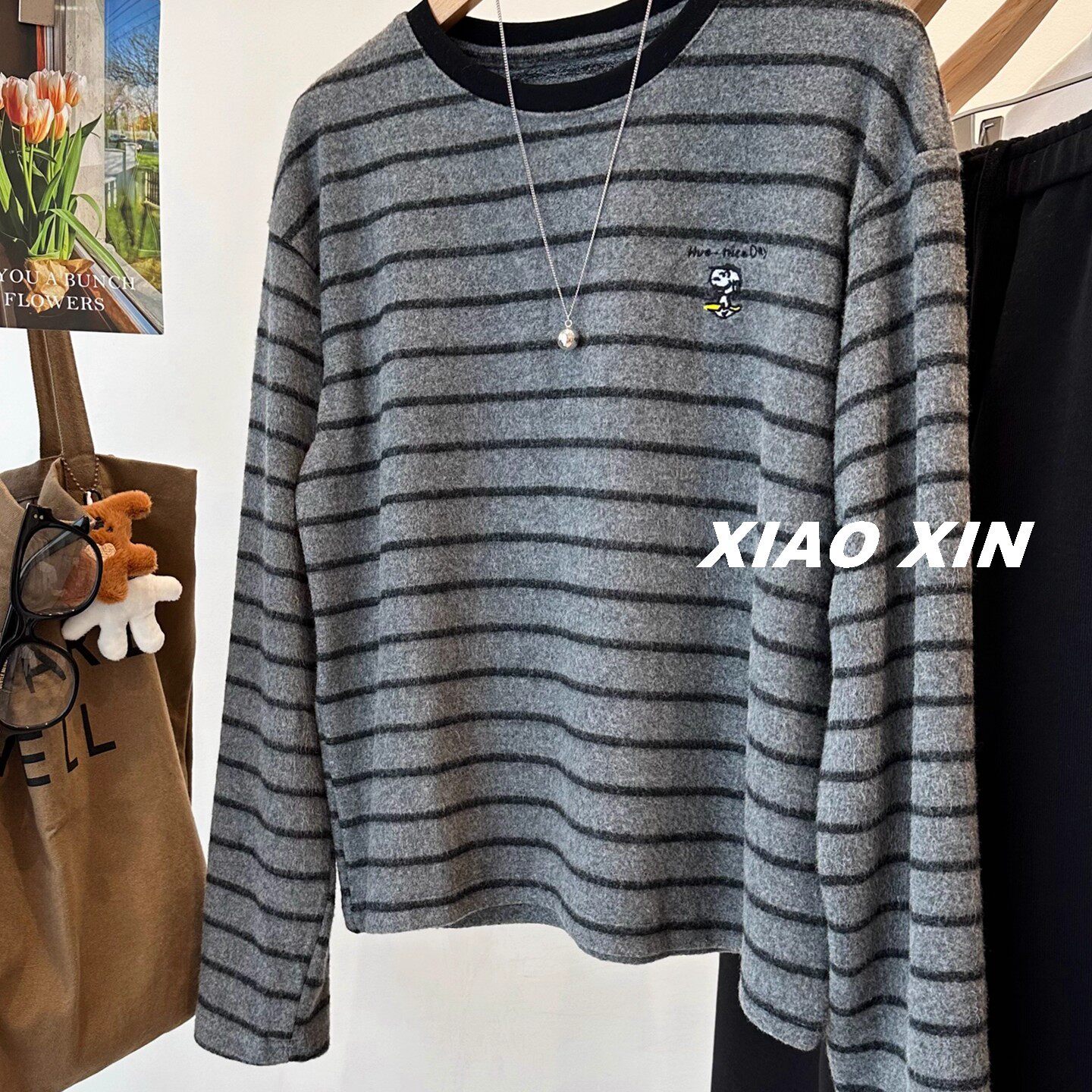 韩国New 超柔软奶芙兔绒刺绣小狗条纹磨毛长袖T恤女 宽松休闲上衣