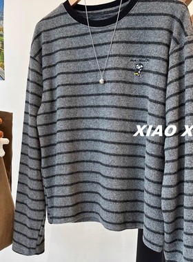 韩国New 超柔软奶芙兔绒刺绣小狗条纹磨毛长袖T恤女 宽松休闲上衣