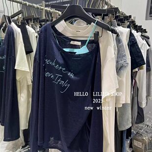 韩国东大门春夏季新款斜领露肩薄款宽松罩衫长袖T恤+吊带两件套