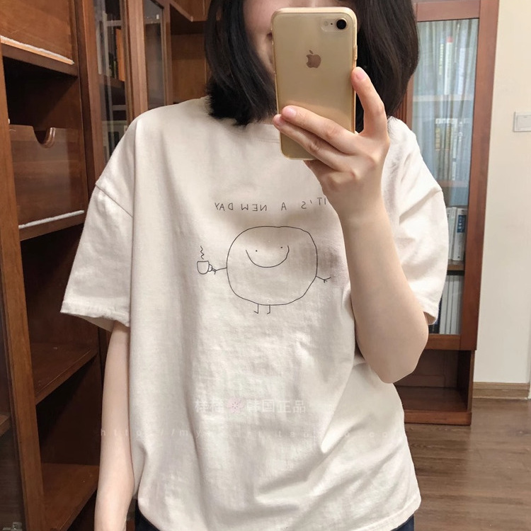 可爱球球笑脸卡通印花减龄休闲夏季短袖T恤女宽松百搭半袖上衣服