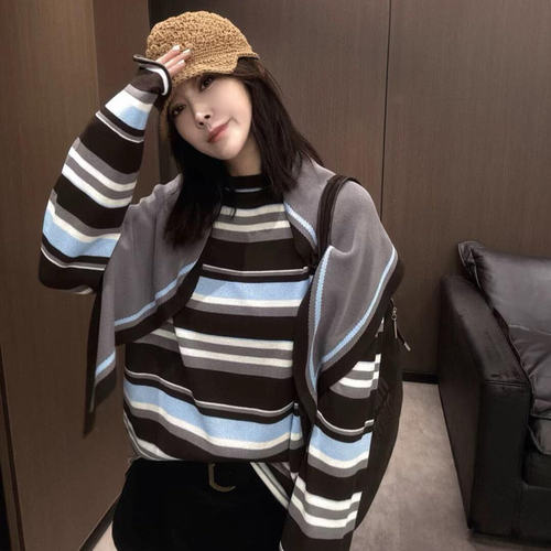 高级感条纹针织衫女秋季披肩外搭叠穿两件套早秋韩系穿搭chic上衣