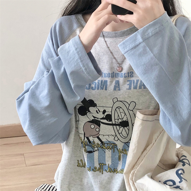 奶蓝fufu~可爱卡通印花长袖T恤女宽松休闲插肩袖打底衫外穿上衣服