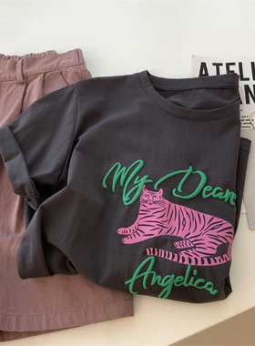 2026夏季新款卡通动物字母印花深灰色圆领短袖T恤女宽松慵懒风潮