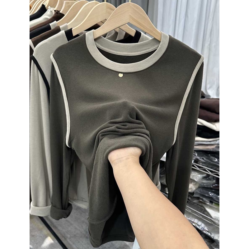 加绒加厚圆领宽松T恤女长袖