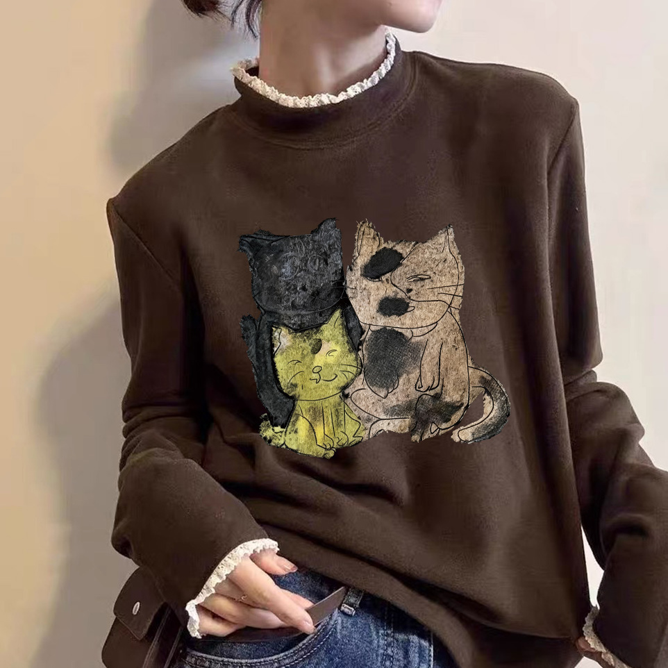 花边领打底衫2025新款今年流行爆款加绒厚款德绒半高领长袖t恤女