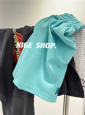 绿色珠地运动短裤女夏撞色字母贴布设计感宽松阔腿休闲五分中裤薄