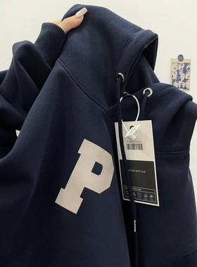 美式复古藏青色连帽卫衣女春秋冬加绒加厚外套宽松bf慵懒情侣上衣