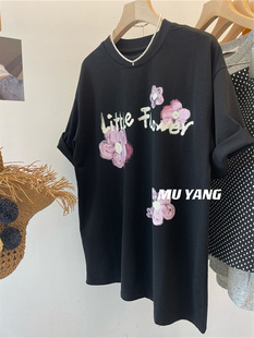 韩国休闲feel ~紫色水粉画花朵字母大版黑色短袖t恤女宽松上衣夏