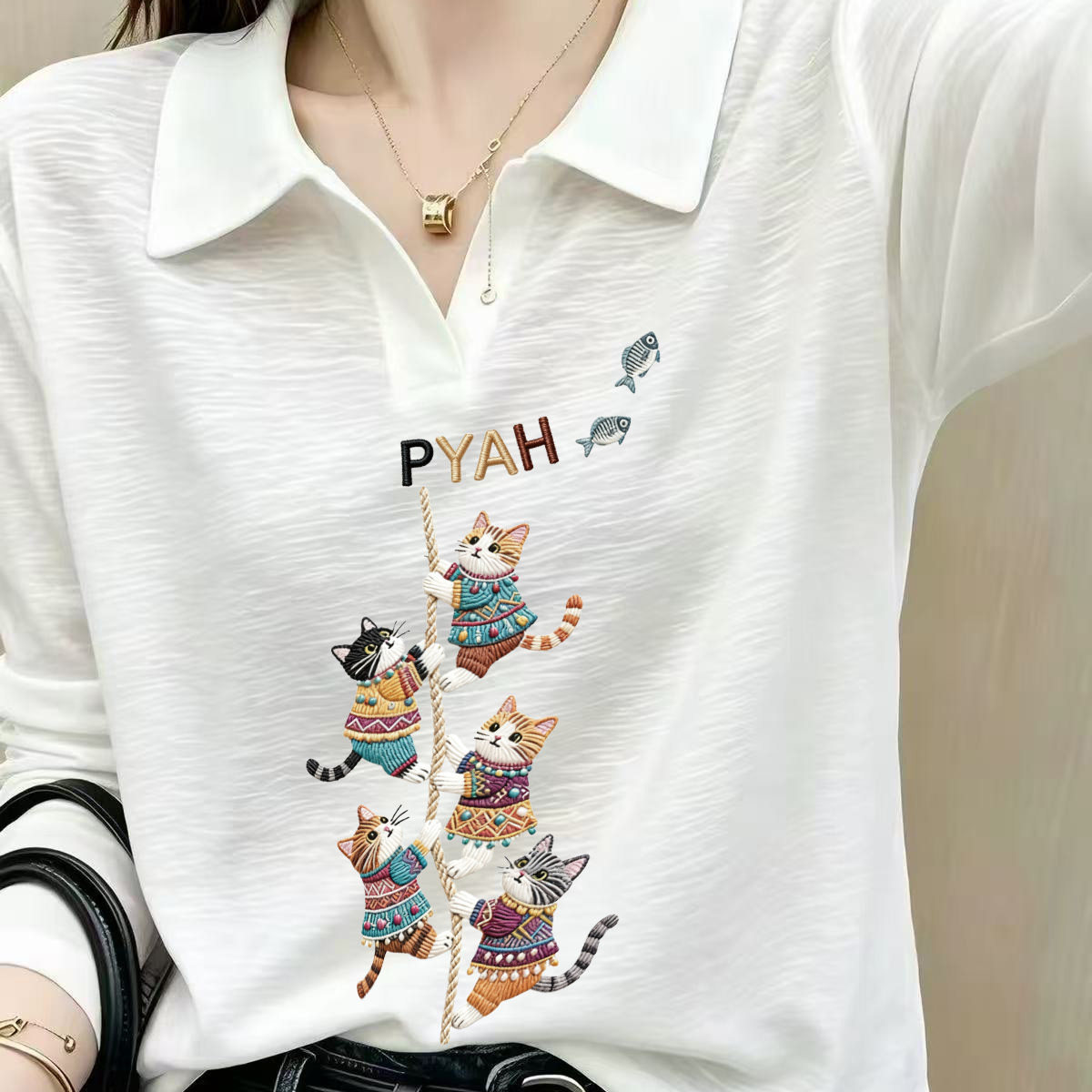 polo领欧洲站爆款长袖T恤女2026早秋季新款竹节棉印花设计感上衣