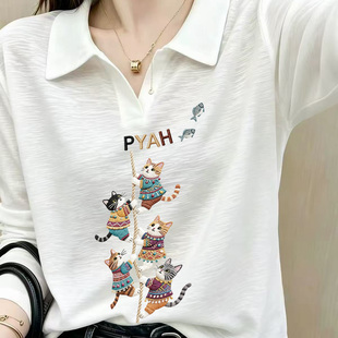 polo领欧洲站爆款长袖T恤女2026早秋季新款竹节棉印花设计感上衣