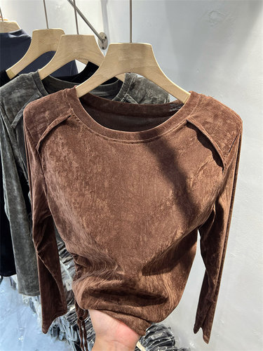 丝绒针织衫不规则抽绳褶皱上衣