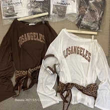 夏季美式时髦豹纹字母印花露肩防嗮长袖T恤女大版透气薄款上衣潮
