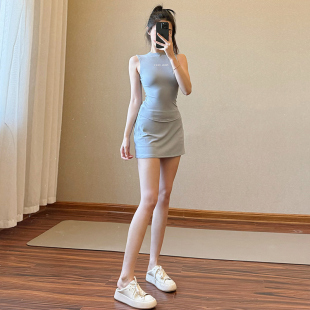 辣妹瑜伽套装 欧美无袖 女带胸垫防震运动背心防走光包臀健身短裙夏