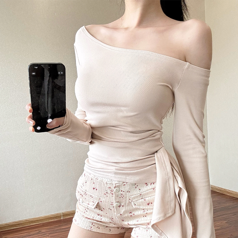 米白色瑜伽服露肩运动百搭长袖上衣修身显瘦普拉提健身服秋冬新款